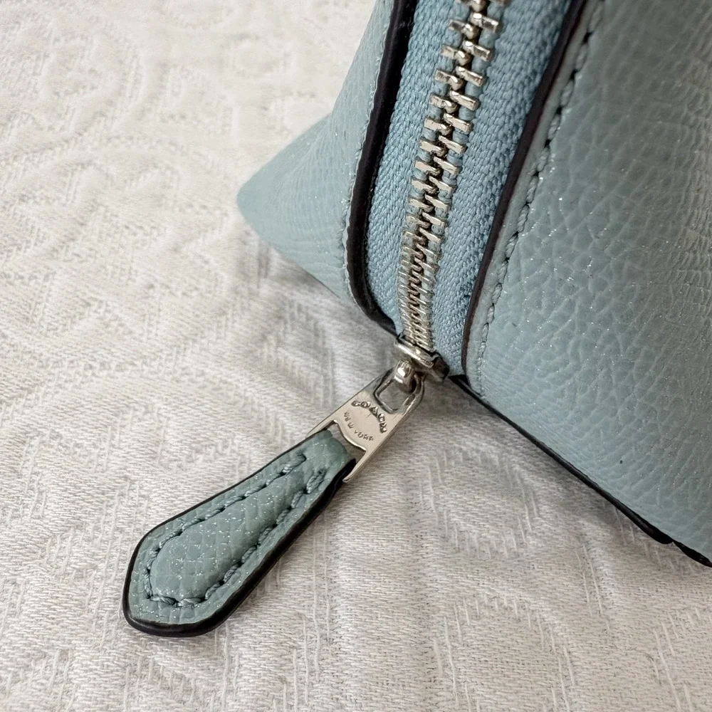 Coach Zippered Leather Makeup Pouch, Sky Blue Silver